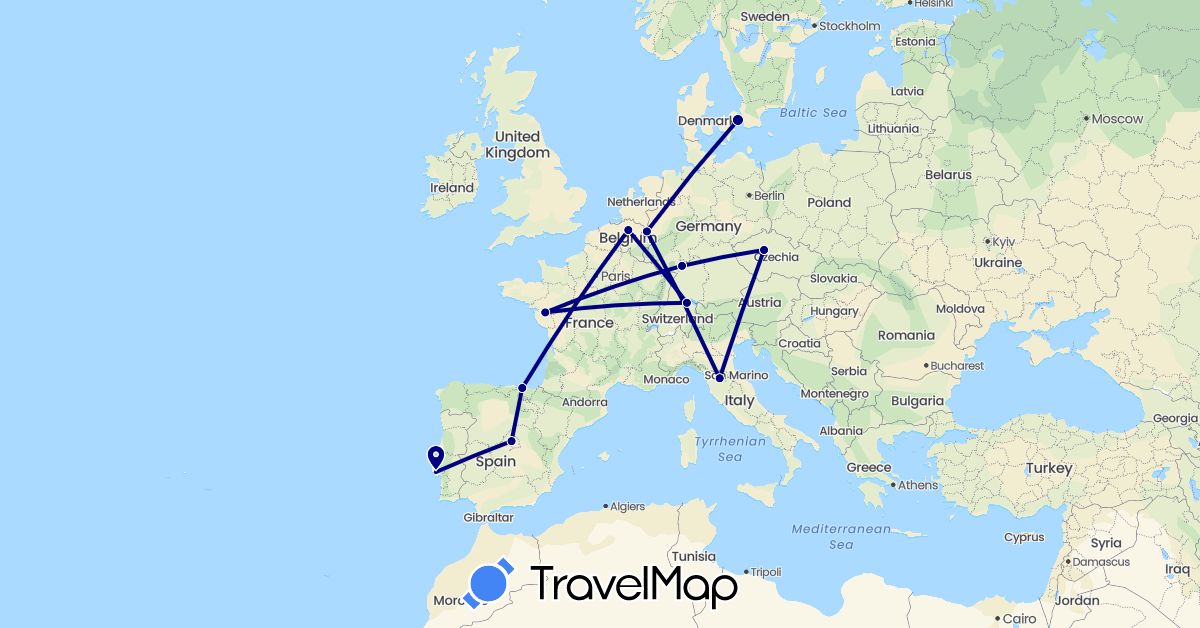 TravelMap itinerary: driving in Belgium, Switzerland, Czech Republic, Germany, Denmark, Spain, France, Italy, Netherlands, Portugal (Europe)
